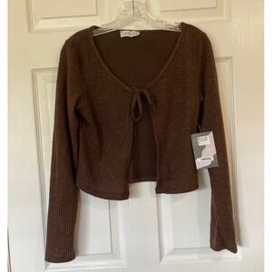 Love Poem Block Cropped Cardigan Brown Large New Coquette Ballet Fall Cozy